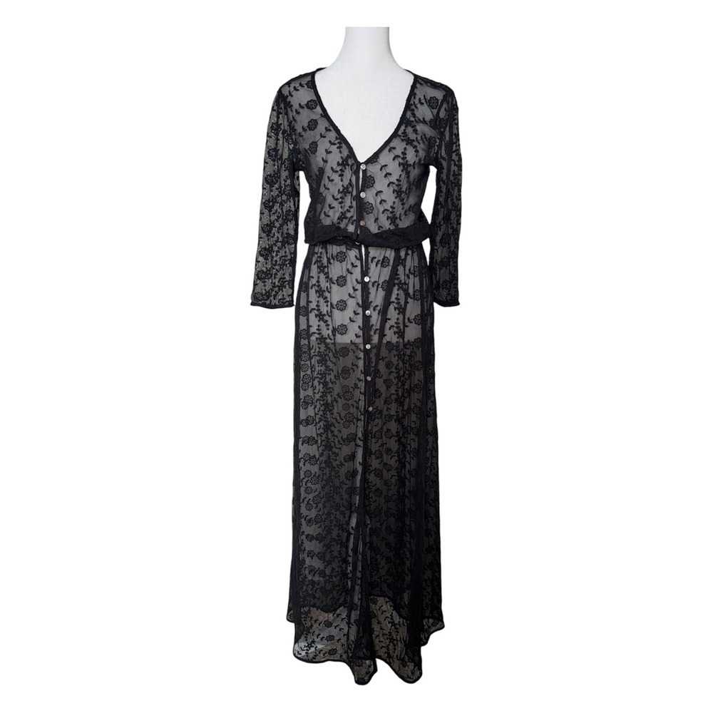 Whimsigoth Fairy Grunge Black Floral Embroidered Sheer Mesh Maxi Dress Womens S